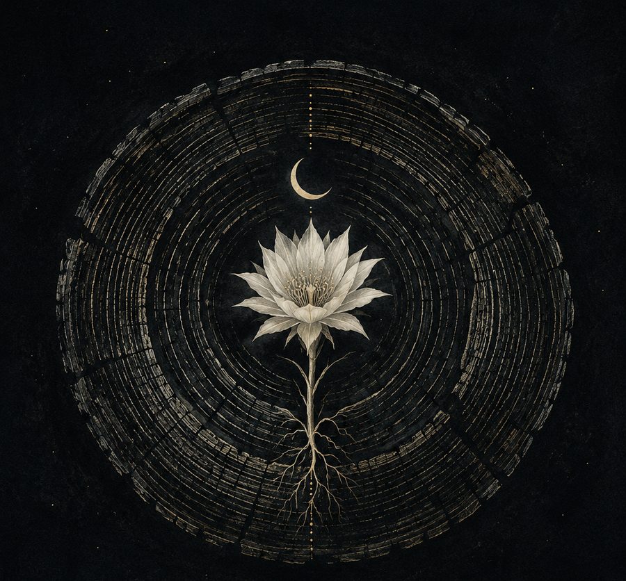 A night-blooming flower rooted through the rings of an ancient tree, beneath a crescent moon.